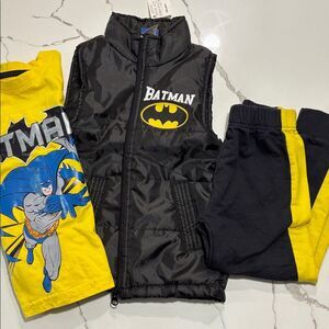 Batman Little Boys Puffer Vest Jogger Pants Long Sleeve Shirt Outfit Set Size 4